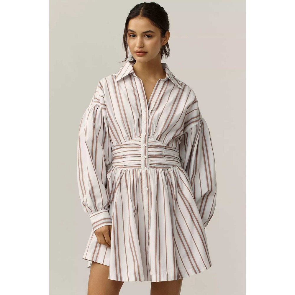 Anthropologie Long Sleeve Collared A Line Mini Dress Large White Striped Preppy